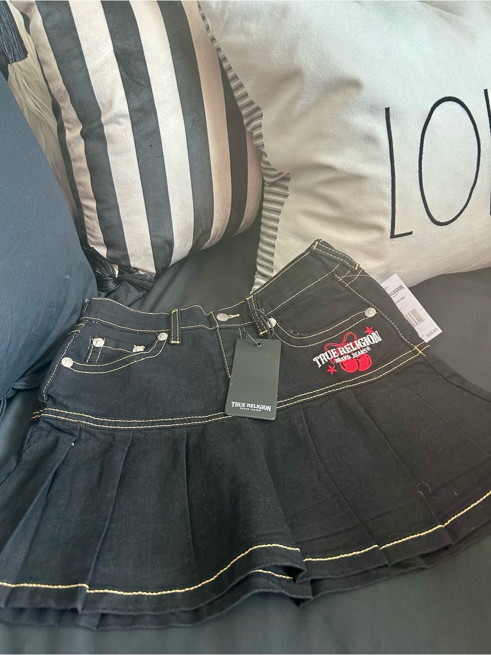 Girls True Religion Black Denim Pleated Mini Skirt with Red Cherry Logo Patch🍒